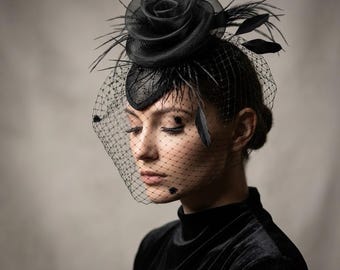 Black Rose Birdcage Veil Fascinator Gothic Wedding Cocktail Hat Vintage Headpiece