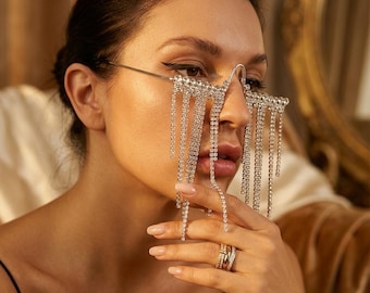 Crystal Fringe Frame Face Jewelry, Rhinestone Tear Drop Mask, Avant Garde Party Accessory