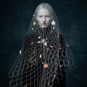 Ocean Net Veil Headpiece, Shell Adorned Gothic Bridal Photography Prop