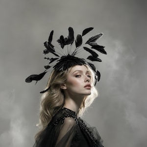 May include: A black fascinator headpiece featuring an arrangement of dark feathers radiating outward from a central base. The headpiece is worn with a black garment that has intricate beaded detailing along the neckline and sheer fabric sleeves.