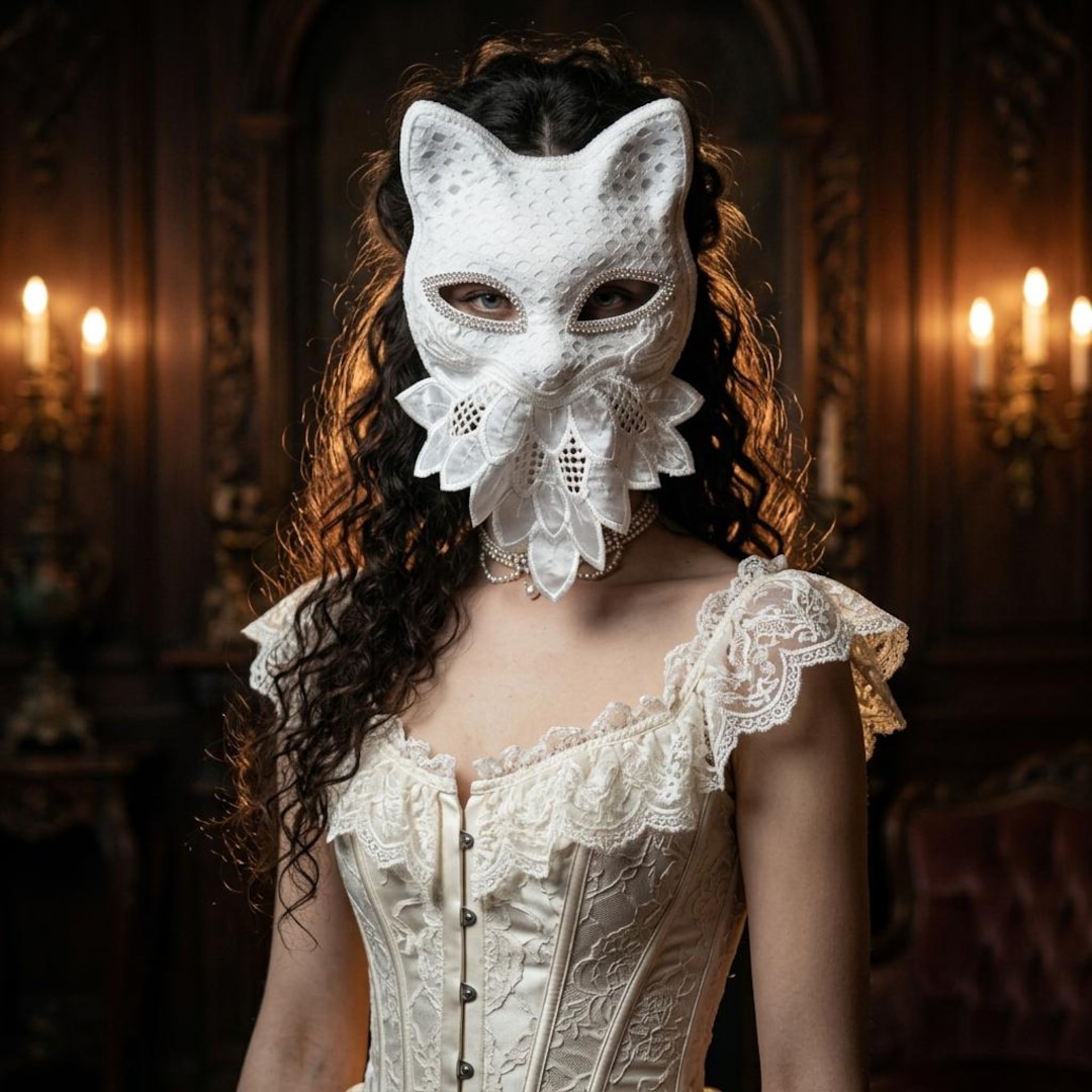 Square Ruffle R Entry Masks White Lace Fox Mask With Rhinestones and Ruffle, Fox Eyemask for ...