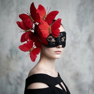 May include: A woman wearing a black masquerade mask with sequins and a headdress of red butterfly decorations with gold accents. The woman is also wearing a black off-the-shoulder dress.