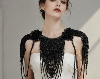 Victorian Gothic Shoulder Jewelry Black Beaded Epaulette Cape Halloween Wedding Statement