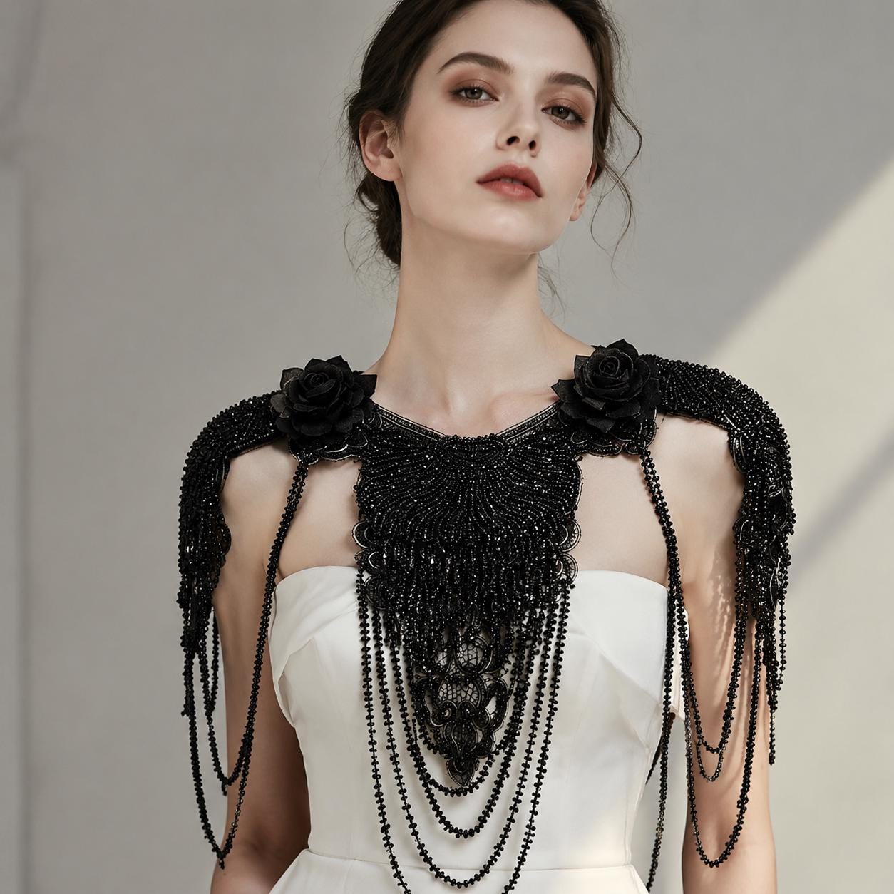 Victorian Gothic Shoulder Jewelry Black Beaded Epaulette Cape Halloween Wedding Statement