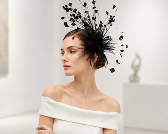 Black Feather Fascinator, Gothic Hair Clip Brooch, Dark Wedding Headpiece