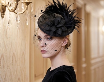Black Feather Fascinator Veil Hat Gothic Cocktail Tea Party Derby Headpiece