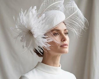 White Ostrich Feather Fascinator Headpiece Couture Wedding Hat Royal Ascot Statement Accessory