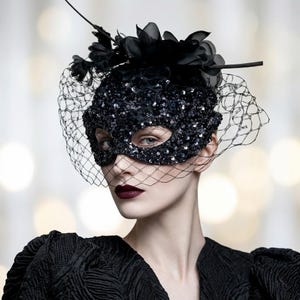 Vintage Black sequin fascinator cap hat with tulle mesh veil one size Black Sequin Pillbox Hat With Veil - Etsy main image 2