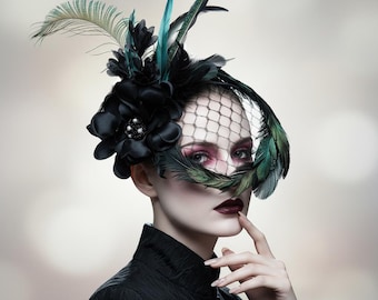 Gothic Feder Fascinator, Smaragd Blumen Schleier Kopfschmuck, Vogelkäfig Haarband