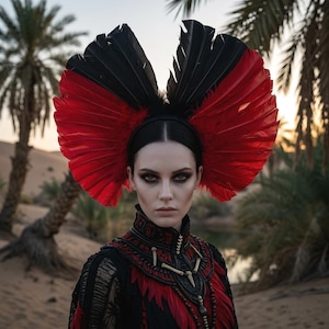 Pode incluir: Uma mulher usando um adorno de cabeça dramático e uma roupa ornamentada em preto e vermelho. O adorno de cabeça apresenta grandes penas vermelhas e pretas. A roupa inclui uma jaqueta de gola alta com detalhes intrincados e detalhes de contas. O fundo mostra uma paisagem desértica com palmeiras.