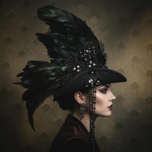 Gothic Schwarz Feder Fascinator Hut mit breiter Krempe Raven Style Vintage Elegantes Statement Headpiece