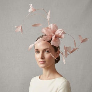 May include: A pale pink fascinator headpiece featuring a large, layered feather flower at the centre, accented with delicate, arching wire stems adorned with individual feathers that extend outward in a sweeping, asymmetrical design.