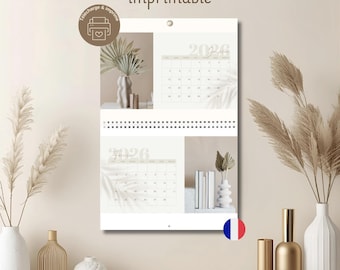 Maandkalender 2026 in het Frans, liggend formaat, elegante kalender, start op maandag, jaarlijkse wandkalender 2026 in afdrukbaar PDF-formaat