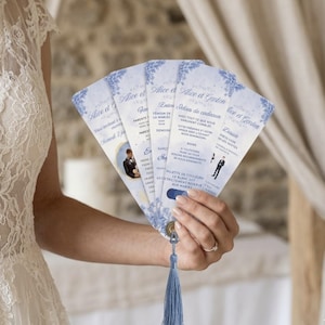 Modèle template d'eventail de mariage élégant modifiable sur Canva 100% personnalisable programme de la cérémonie imprimable et remerciement