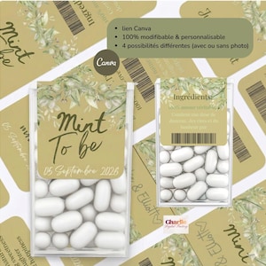 Peut inclure: Deux boîtes en plastique transparent remplies de menthes blanches. Les boîtes ont une étiquette dorée avec le texte "Mint To Be" et la date "05 Septembre 2026". Le fond présente des motifs floraux et du texte.