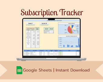 May include: A laptop displaying a "Subscription Tracker" spreadsheet with financial data, charts, and graphs. The screen shows category breakdowns and average monthly costs. The Google Sheets logo and "Instant Download" text are at the bottom.