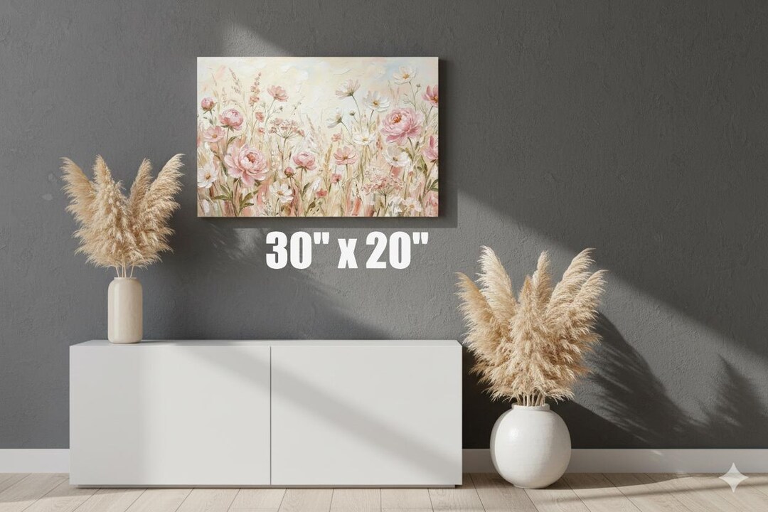 Wildflower Oil Painting Canvas Print, Pink and White Floral Wall Art ...