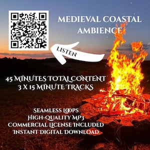 May include: Digital download graphic with a QR code and the text "Medieval Coastal Ambience." A bonfire burns brightly in the background. Text includes "45 Minutes Total Content," "Seamless Loops," and "Instant Digital Download."