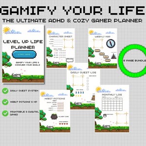Planificateur de vie gamifié, suivi des habitudes de jeu de rôle TDAH, journal de quêtes quotidien (PDF)