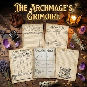 May include: An assortment of fantasy-themed stationery, including a daily planner, quest log, and spell cost guide, arranged on a wooden surface. The text "The Archmage's Grimoire" is displayed at the top. Amethyst crystals and a lantern are also present.