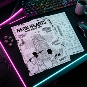 May include: A black gaming setup featuring a document titled "NEON HEARTS DATE NIGHT RPG." The document has architectural blueprints and illustrations of figures. A keyboard, mouse, dice, and a mug are also visible.