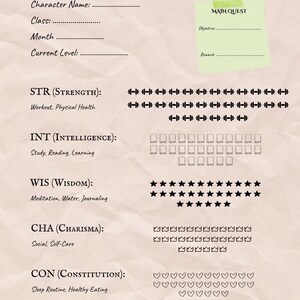 May include: A beige character sheet with the title "MONTHLY CHARACTER SHEET" at the top. It includes sections for character name, class, month, and current level. There are also sections for strength, intelligence, wisdom, charisma, constitution, and dexterity.