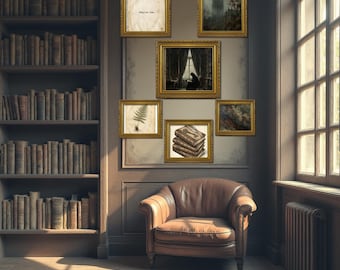Dark Academia Galeriewand 6er Set | Vintage Bibliothek Dekor | Stimmungsvolles Ölgemälde-Druck-Bundle | Eklektische Kunst für Haus Büro | Layout-Leitfaden PDF