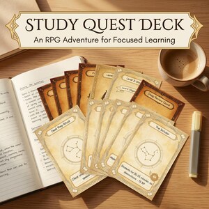 Könnte beinhalten: Ein Study Quest Deck mit Karten im Pergament-Stil, verzierten Rändern und Sternbildgrafiken. Die Karten enthalten Texte wie Desk Prep Ritual und The Scholar. Das Deck wird zusammen mit einem offenen Notizbuch und einer Kaffeetasse gezeigt.