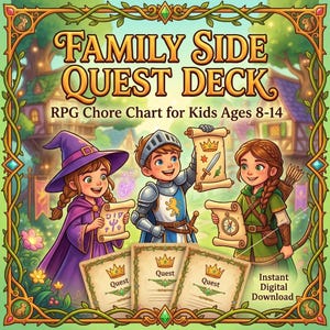 May include: A Family Side Quest Deck RPG chore chart for kids ages 8-14, featuring three illustrated cards with crown icons and quest lines, and a central image of a wizard, knight, and archer holding scrolls in a fantasy forest setting.