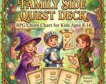 Familien-Nebenquest-Deck zum Ausdrucken | RPG-Aufgabenplan mit XP-Belohnungssystem für Kinder – Boss-Quests, Levelaufstieg & Charakterentwicklung (PDF)