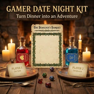 May include: A Gamer Date Night Kit with the text "Turn Dinner into an Adventure." The kit includes two potion bottles, candles, dice, place cards, and a parchment with the text "The Beholder's Banquet."