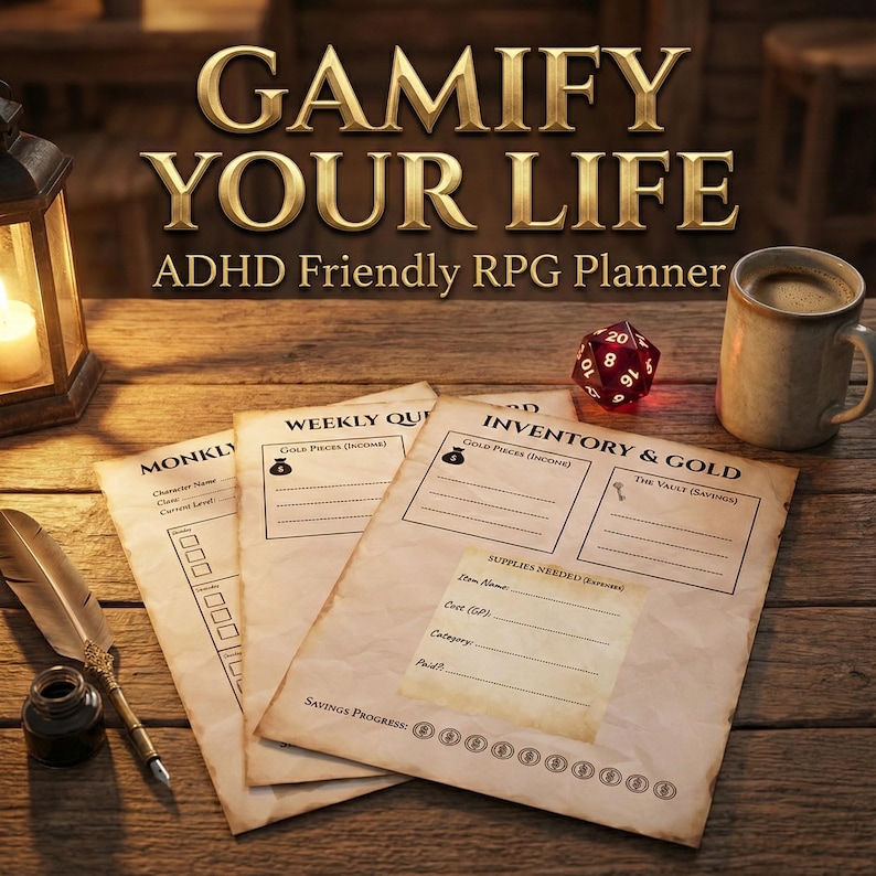 May include: A tabletop scene featuring a planner titled "Gamify Your Life: ADHD Friendly RPG Planner." The scene includes parchment-style papers, a red 20-sided die, a mug of coffee, and a quill with ink. The papers have sections for tracking progress.