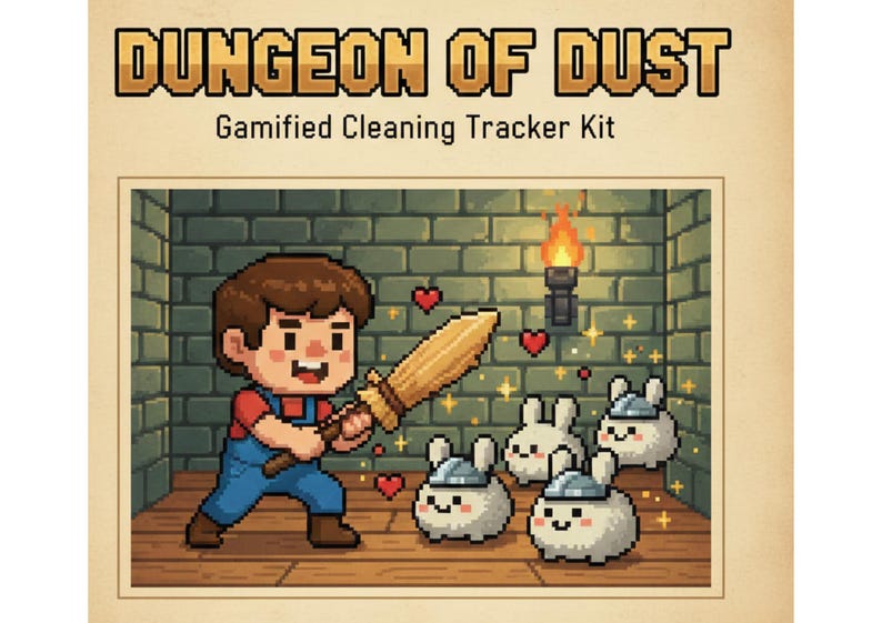 May include: Pixelated illustration for a "Dungeon of Dust" gamified cleaning tracker kit. A cartoon character in overalls holds a sword, facing fluffy bunny-like creatures. The scene is set in a brick-walled dungeon with a torch.