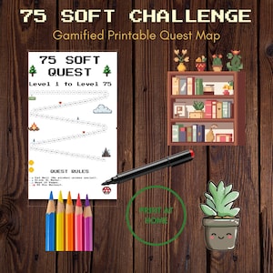 Puede incluir: Un mapa de búsqueda imprimible con el texto "75 SOFT CHALLENGE" y "75 SOFT QUEST". El mapa presenta gráficos pixelados, una ruta de búsqueda y reglas de búsqueda. También se ven un marcador negro, lápices de colores y una suculenta en maceta.