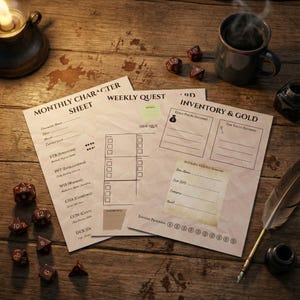 May include: A tabletop scene with character sheets, dice, a mug, and a quill. The sheets are labeled "Monthly Character Sheet," "Weekly Quest," and "Inventory & Gold." Various dice are scattered around the sheets, and a steaming mug sits nearby.
