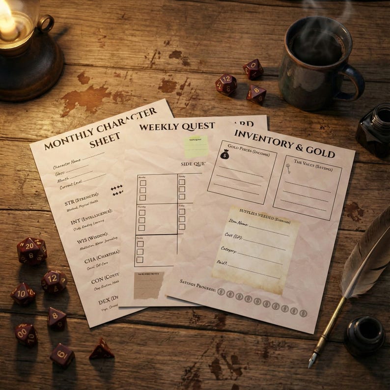 May include: A tabletop scene with character sheets, dice, a mug, and a quill. The sheets are labeled "Monthly Character Sheet," "Weekly Quest," and "Inventory & Gold." Various dice are scattered around the sheets, and a steaming mug sits nearby.