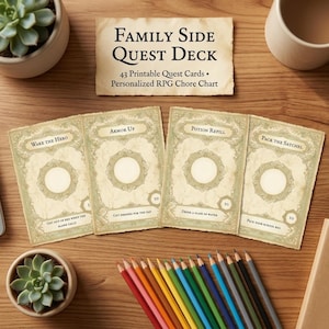 May include: A Family Side Quest Deck set featuring 43 printable quest cards and a personalized RPG chore chart. The cards have a vintage parchment appearance with ornate borders, displaying titles like Wake the Hero, Armor Up, Potion Refill, and Pack the Satchel, accompanied by colored pencils.