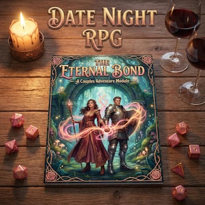 May include: A board game module titled "The Eternal Bond: A Couples Adventure Module" with a fantasy illustration. The image includes dice, a lit candle, and wine glasses, suggesting a date night theme. The words "Date Night RPG" are at the top.