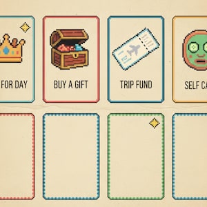May include: A set of eight pixelated cards with a vintage aesthetic. The top row features cards labeled "KING FOR DAY," "BUY A GIFT," "TRIP FUND," and "SELF CARE," each with a corresponding icon. The bottom row has four blank cards with decorative borders.