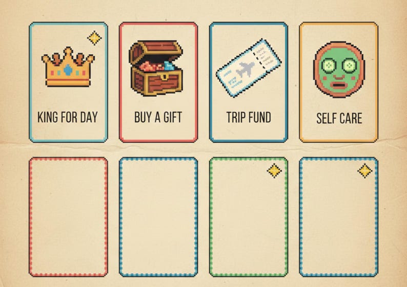 May include: A set of eight pixelated cards with a vintage aesthetic. The top row features cards labeled "KING FOR DAY," "BUY A GIFT," "TRIP FUND," and "SELF CARE," each with a corresponding icon. The bottom row has four blank cards with decorative borders.