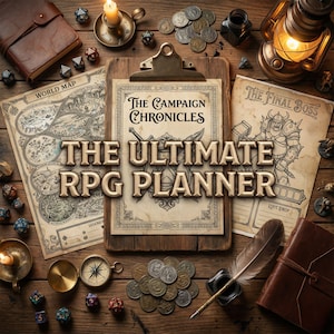 Könnte beinhalten: Draufsicht auf ein Tabletop-RPG-Setup. Im Mittelpunkt steht ein Klemmbrett mit dem Text "The Campaign Chronicles: The Ultimate RPG Planner". Drumherum befinden sich Würfel, Karten, Münzen, ein Kompass, eine Laterne und ein ledergebundenes Notizbuch.