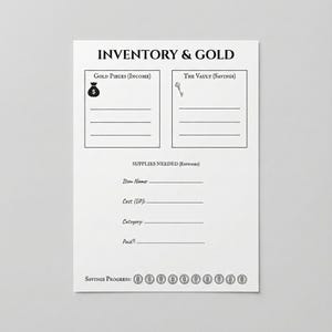 May include: A white sheet of paper with the title "INVENTORY & GOLD" at the top. The sheet is divided into sections for income, savings, and expenses. The "Gold Pieces (Income)" section has a money bag icon. The "The Vault (Savings)" section has a key icon.