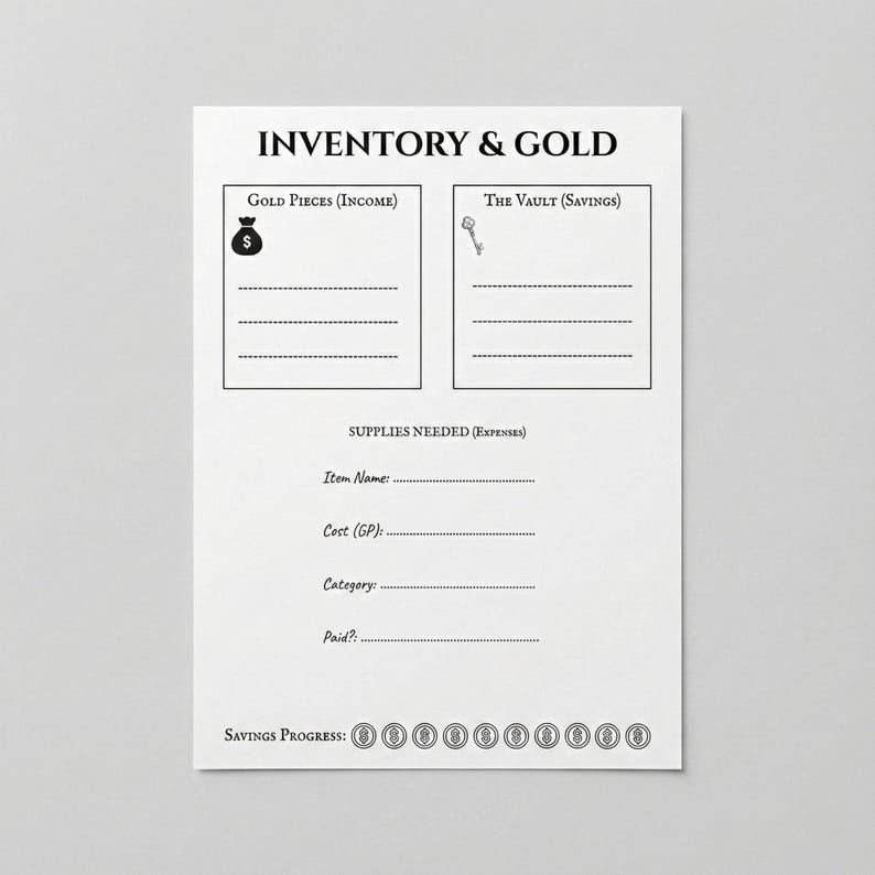 May include: A white sheet of paper with the title "INVENTORY & GOLD" at the top. The sheet is divided into sections for income, savings, and expenses. The "Gold Pieces (Income)" section has a money bag icon. The "The Vault (Savings)" section has a key icon.