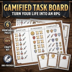 Op de afbeelding: Een afdrukbaar Gamified Task Board met de tekst "Turn Your Life Into An RPG". Het bord bevat quest logs, in-progress en completed secties, met illustraties van rollen, zwaarden, schilden en drankjes. De kit bevat 6 afdrukbare pagina's.