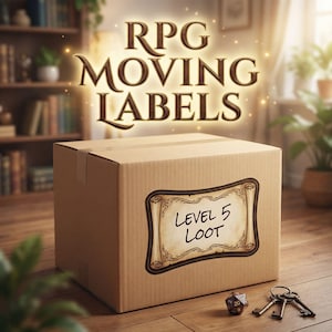 May include: A cardboard box with "RPG MOVING LABELS" text. The box has a label that reads "LEVEL 5 LOOT". A twenty-sided die and keys are on the wooden floor. The background includes a bookshelf and plants.
