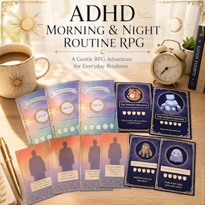 May include: A tabletop game titled ADHD Morning & Night Routine RPG featuring colourful cards with illustrations of characters like The Snooze Dragon, The Screen Wraith, The Clutter Golem, and The Bedtime Ghost, alongside a mug and an alarm clock.