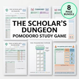 May include: An 8-page bundle of printable study planner sheets titled The Scholar's Dungeon Pomodoro Study Game. The pages feature sections for daily quests, study schedules, a Pomodoro tower focus tracker, and a bonfire rest area with hydration trackers.