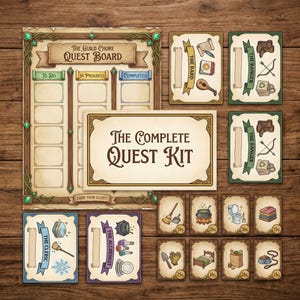 Könnte beinhalten: Ein komplettes Quest-Kit mit einem Quest-Board, Karten und dem Text "The Complete Quest Kit". Das Quest-Board hat Abschnitte für "To Do", "In Progress" und "Completed". Die Karten zeigen Illustrationen und Texte wie "The Bard" und "The Ranger".