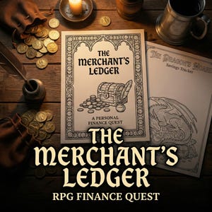 May include: An overhead shot of a wooden table with a lit candle, coins, and two ledger books. The book on the left is titled "The Merchant's Ledger" and the book on the right is titled "The Dragon's Hoard". The text "RPG FINANCE QUEST" is at the bottom.