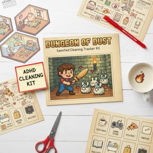 May include: A gamified cleaning tracker kit with the title "Dungeon of Dust" and the text "ADHD Cleaning Kit". The kit includes a booklet with pixelated art, stickers, a red pen, a mug with a flame design, and scissors.